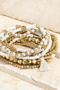 Beaded Tassel Bracelet Set in White