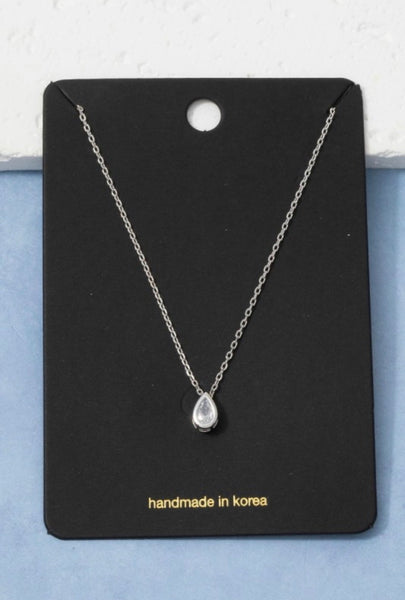 Teardrop CZ Bezel Necklace in Silver