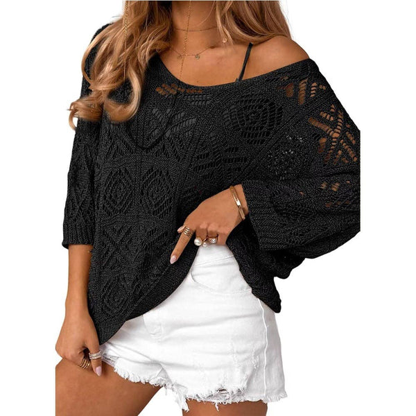 Lovesoft - Openwork Crochet Knit Top Boho V Neck