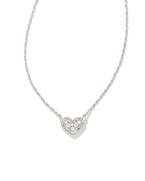 Ari Pave Crystal Heart Necklace in Rhodium and CZ