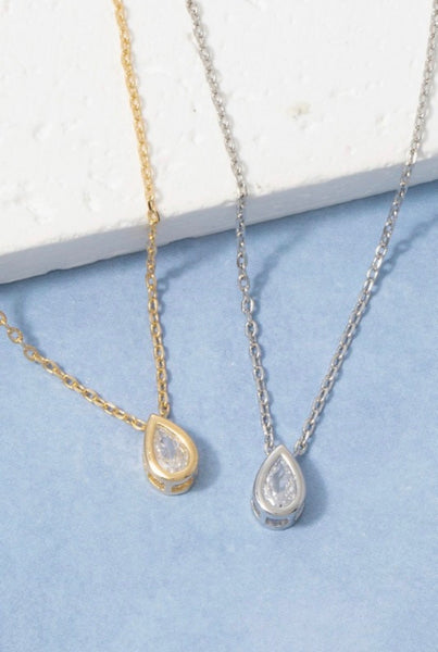 Teardrop CZ Bezel Necklace in Silver