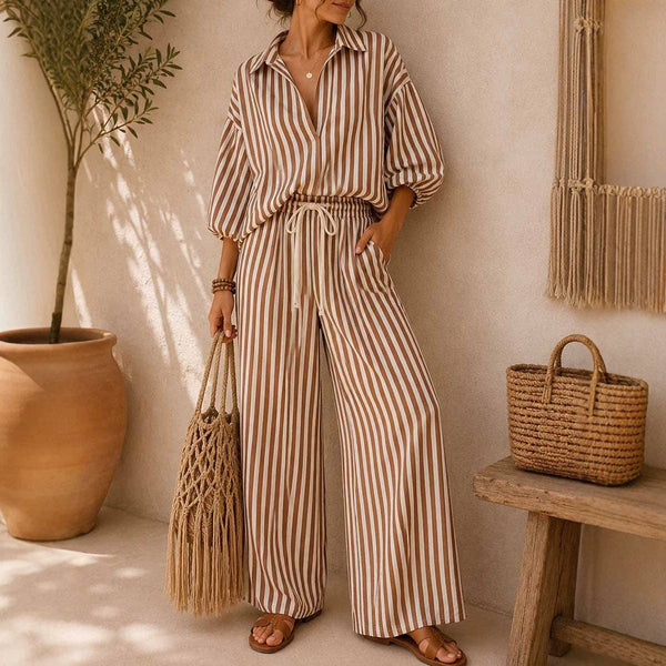 Lovesoft - Striped Button Down Shirt & Wide Leg Pants Set