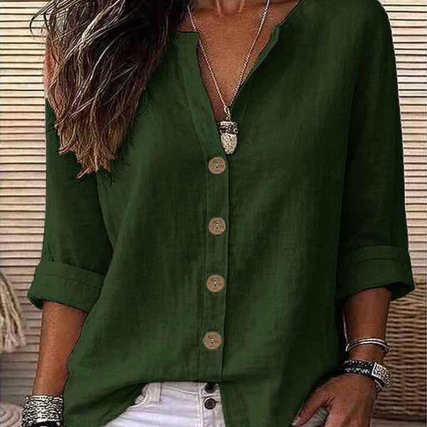 Lovesoft - Women's Relaxed V-Neck Button Up Roll Sleeve Blouse