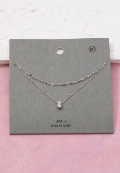 Double Layer CZ Teardrop Necklace in Silver
