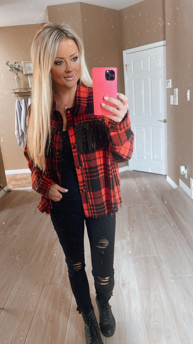 Red Buffalo Plaid Shacket with Rhinestone Fringe – Turquoise TeePee