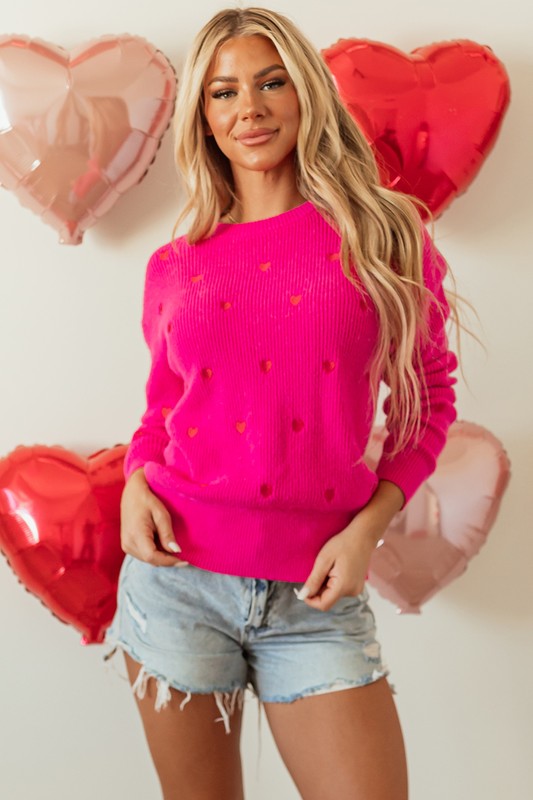 Red Heart Shape Drop Shoulder Round Neck Sweater