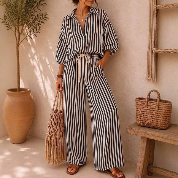 Lovesoft - Striped Button Down Shirt & Wide Leg Pants Set