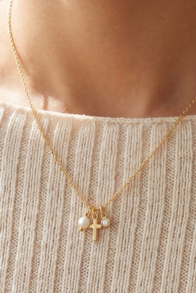 Dainty Cross Pearl and Charm Necklace in Gold