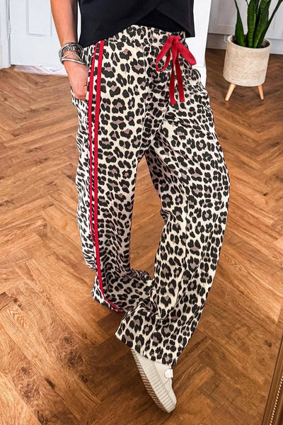 Lovesoft - Leopard Print Wide Leg Pants with Contrast Side Stripe: Rose / 95%Polyester+5%Elastane / S