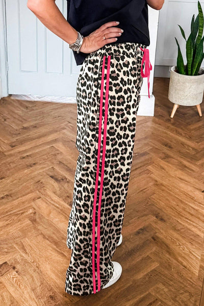 Lovesoft - Leopard Print Wide Leg Pants with Contrast Side Stripe: Rose / 95%Polyester+5%Elastane / M