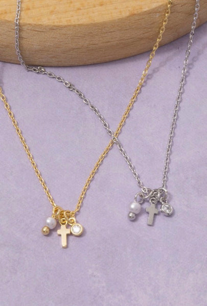 Dainty Cross Pearl and Charm Necklace in Silver