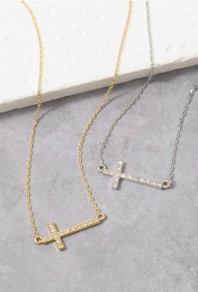 Pave Sideways Cross Necklace in Silver