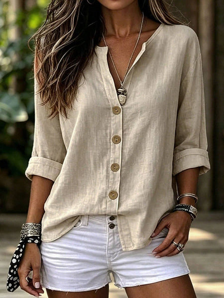 Lovesoft - Women's Relaxed V-Neck Button Up Roll Sleeve Blouse