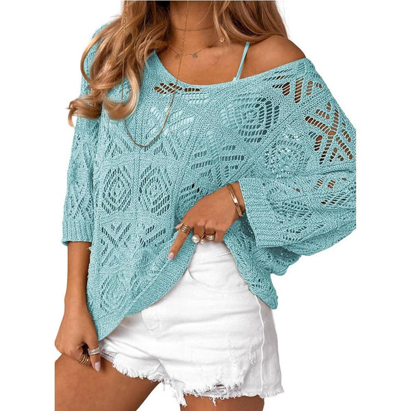 Lovesoft - Openwork Crochet Knit Top Boho V Neck