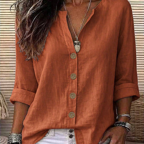 Lovesoft - Women's Relaxed V-Neck Button Up Roll Sleeve Blouse