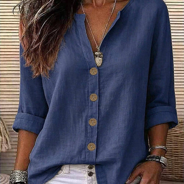 Lovesoft - Women's Relaxed V-Neck Button Up Roll Sleeve Blouse