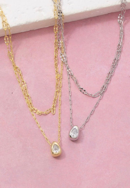 Double Layer CZ Teardrop Necklace in Silver