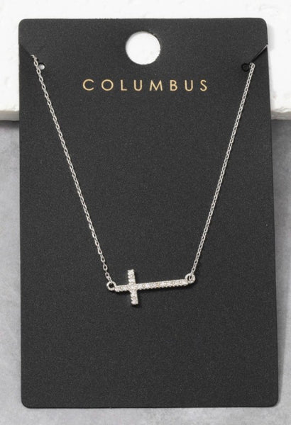 Pave Sideways Cross Necklace in Silver