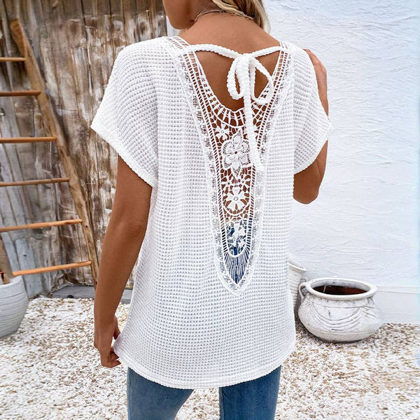 Lacey Lace-Back Waffle Knit Tie-Top with Cap Sleeves