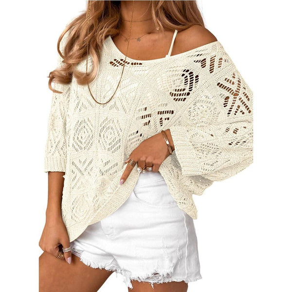 Lovesoft - Openwork Crochet Knit Top Boho V Neck