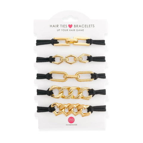 Hair Tie Bracelet Set in Black and Gold