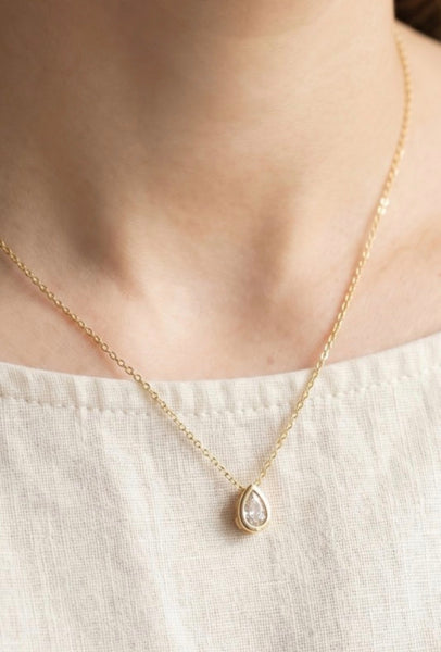 Teardrop CZ Bezel Necklace in Gold