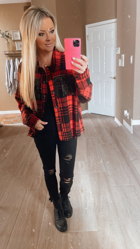 Red Buffalo Plaid Shacket with Rhinestone Fringe – Turquoise TeePee