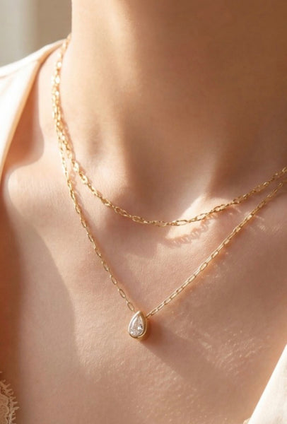 Double Layer CZ Teardrop Necklace in Gold