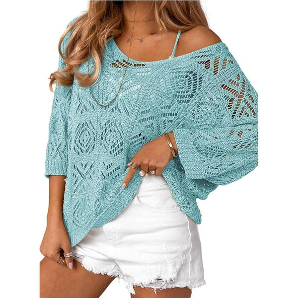 Lovesoft - Openwork Crochet Knit Top Boho V Neck