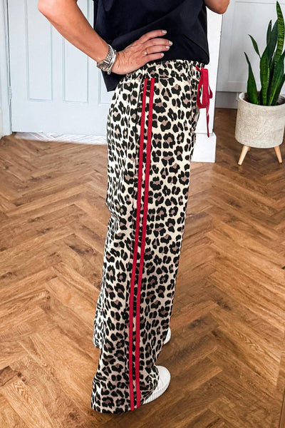 Lovesoft - Leopard Print Wide Leg Pants with Contrast Side Stripe: Rose / 95%Polyester+5%Elastane / M