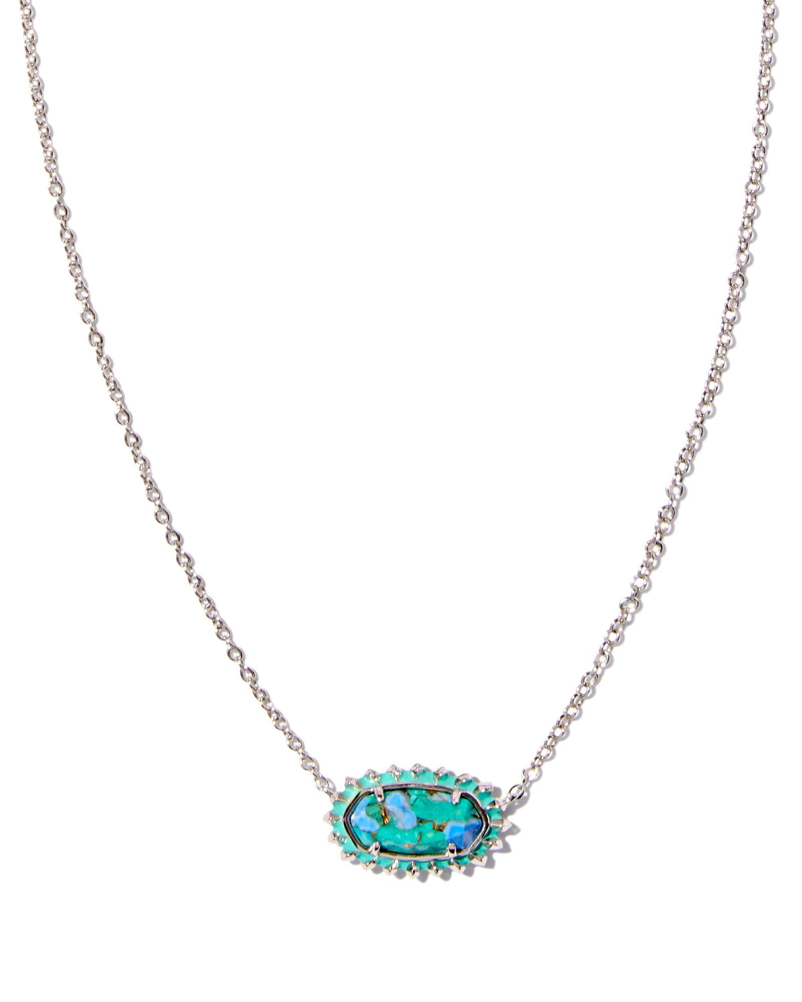 Elisa Silver Color Burst Frame Short Pendant Necklace in Bronze Veined Aqua Magnesite