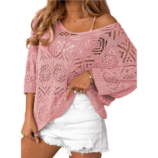 Lovesoft - Openwork Crochet Knit Top Boho V Neck