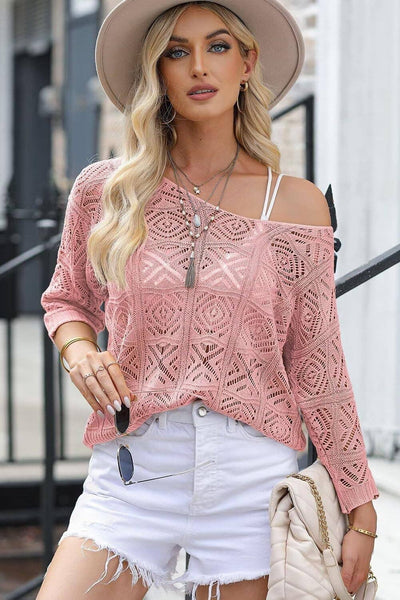 Lovesoft - Openwork Crochet Knit Top Boho V Neck