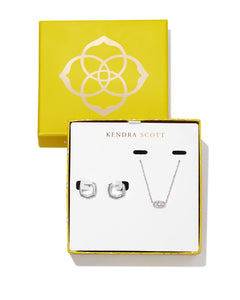 Boxed Grayson Pendant Necklace and Huggie Earring Set in Rhodium and White Crystal