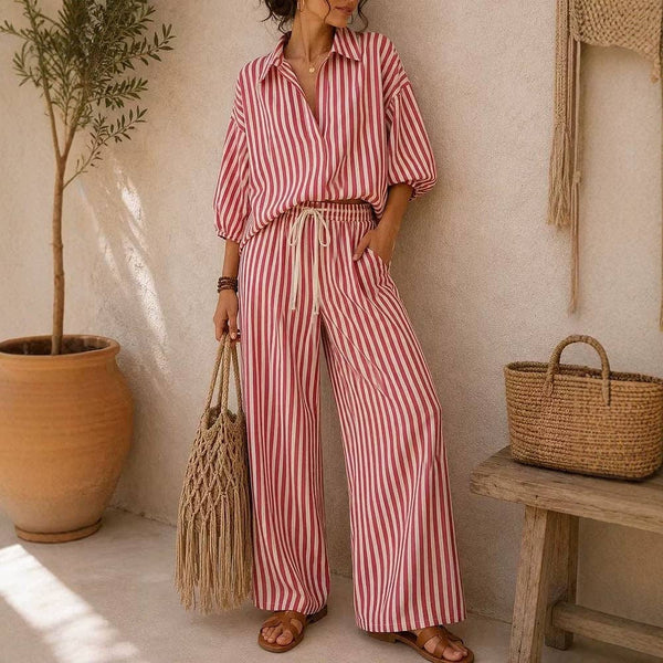 Lovesoft - Striped Button Down Shirt & Wide Leg Pants Set