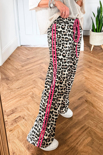 Lovesoft - Leopard Print Wide Leg Pants with Contrast Side Stripe: Rose / 95%Polyester+5%Elastane / S