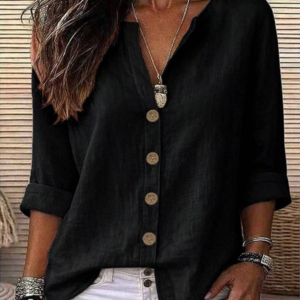 Lovesoft - Women's Relaxed V-Neck Button Up Roll Sleeve Blouse