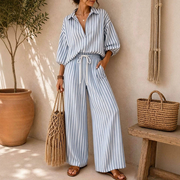 Lovesoft - Striped Button Down Shirt & Wide Leg Pants Set