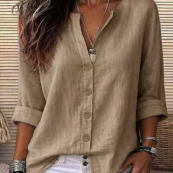 Lovesoft - Women's Relaxed V-Neck Button Up Roll Sleeve Blouse