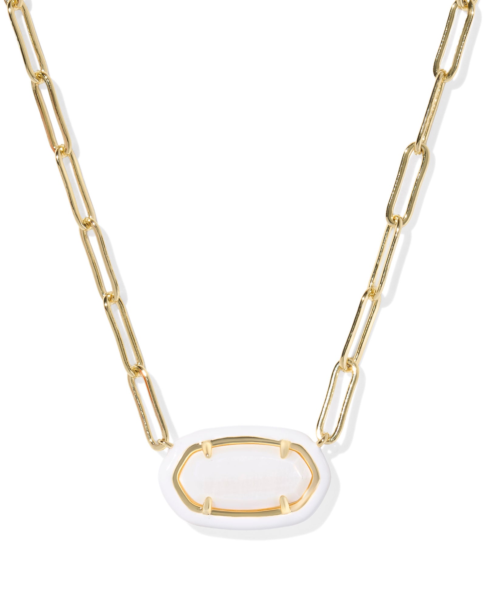 Elisa Enamel Frame Paperclip Necklace in Gold White Mother of Pearl
