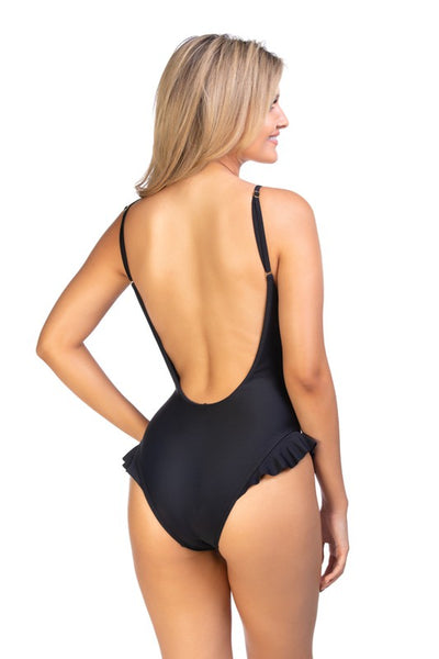 Solid one piece swimsuit with ruffle detail