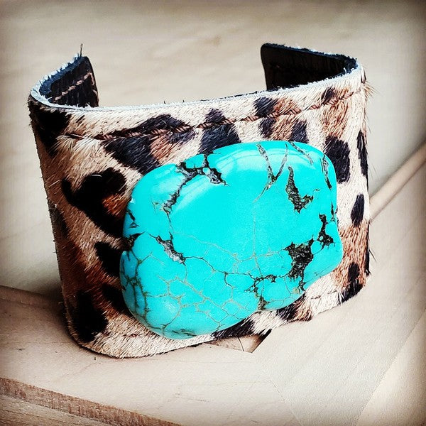Cuff w/ Leather Tie Leopard and Turquoise Slab