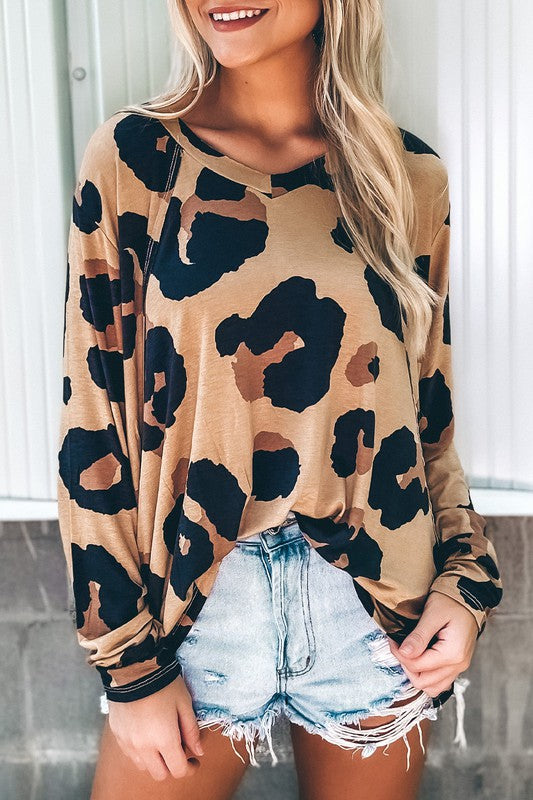 White Leopard Print Long Sleeve Loose Top