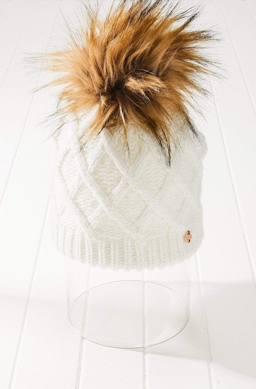 Diamond Cable Knit Pom Beanie Hat Vegan Fur