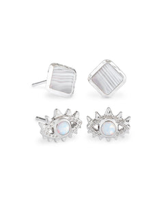 Gemma Stud Earrings Set in Rhodium Gray Banded Agate